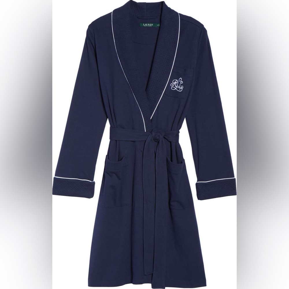 Ralph Lauren Navy Blue Piped Cotton Robe